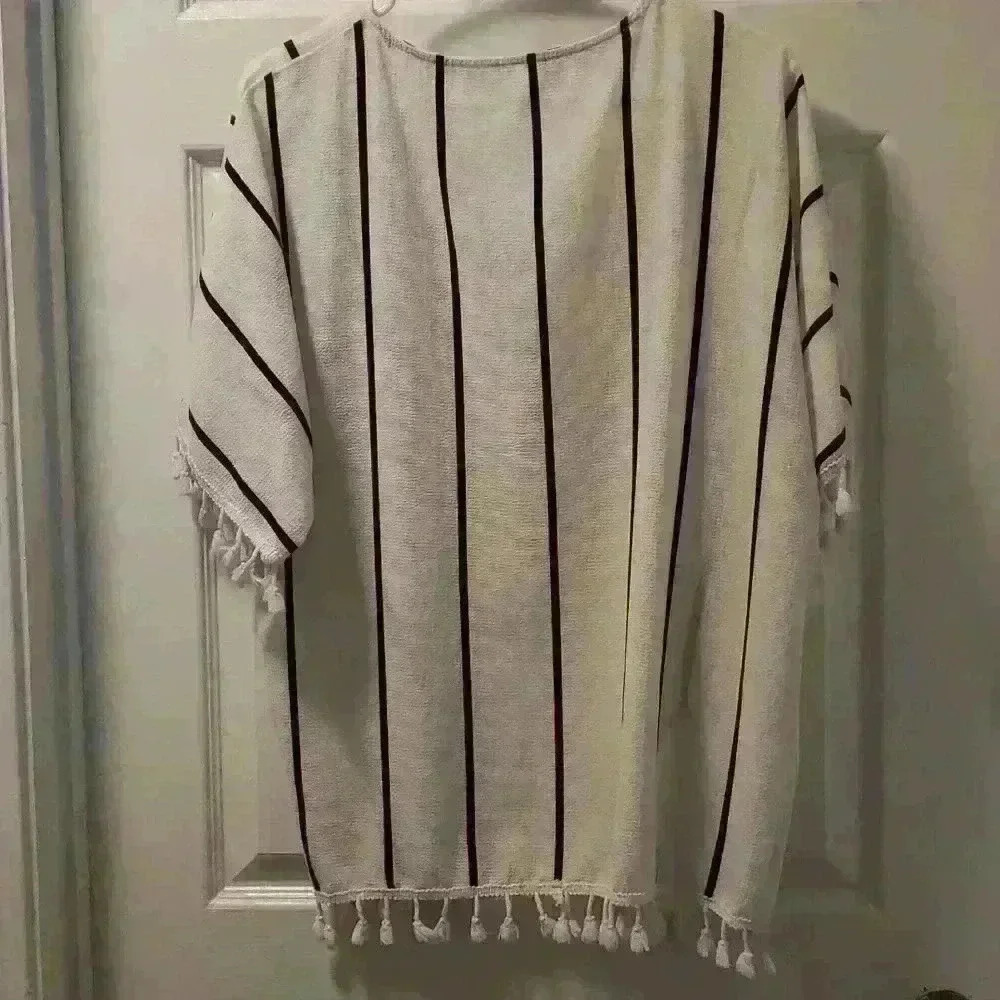 Sheer white with black stripes cover up. Sz med. - Picture 2 of 3